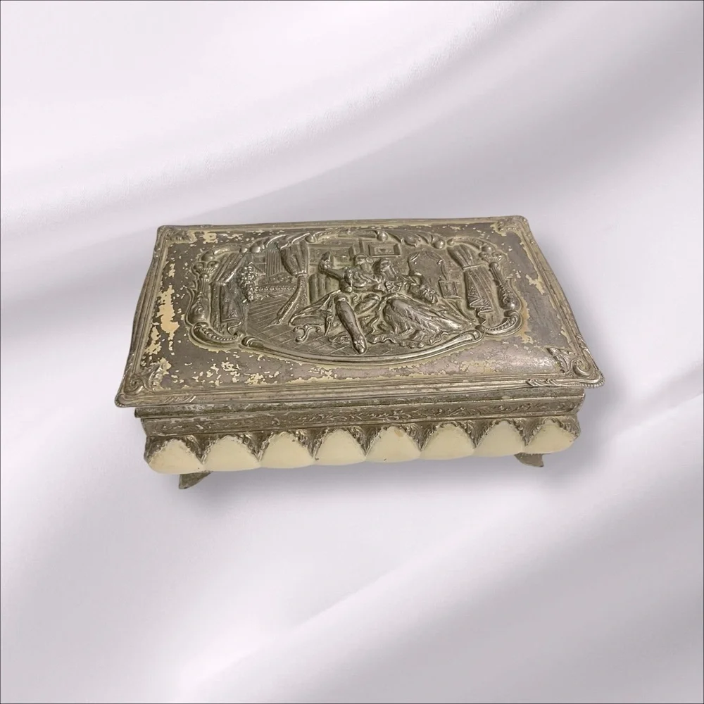 Vintage Japan Footed Silver Tone Colonial Scene Red Lined Jewelry Trinket Box